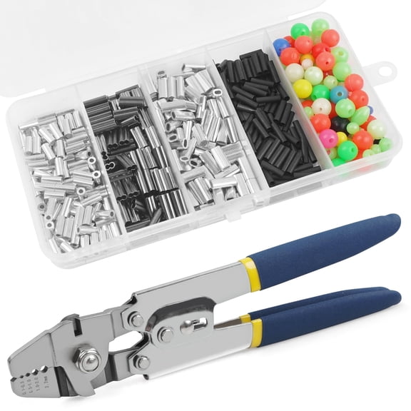 Wire Rope Crimping Tool with Cutter + 500pcs Crimp Sleeves Set Effort-Saving Fishing Crimping Pliers Stainless Steel Fishing Wire Crimper Tool, 4 Size Crimp Sleeves Fishing Tackle Pliers