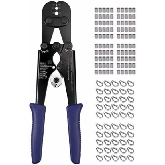 Wire Rope Crimping Tool - Hand Swagging Crimper and Cutter from 1/16 to 1/8 inch, 100pcs 1/8inch Aluminum Crimping Loop Sleeves, 50pcs M3 Stainless Steel Wire Rope Cable Thimble Riggings