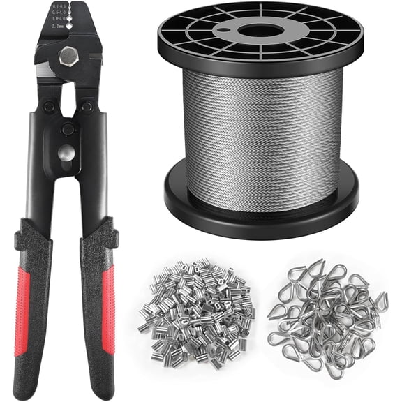 Wire Rope Crimping Tool Kit, 328FT Stainless Steel Cable with 200PCS 1/16 Aluminum Crimping Loop Sleeves and 50PCS Stainless Steel Thimbles