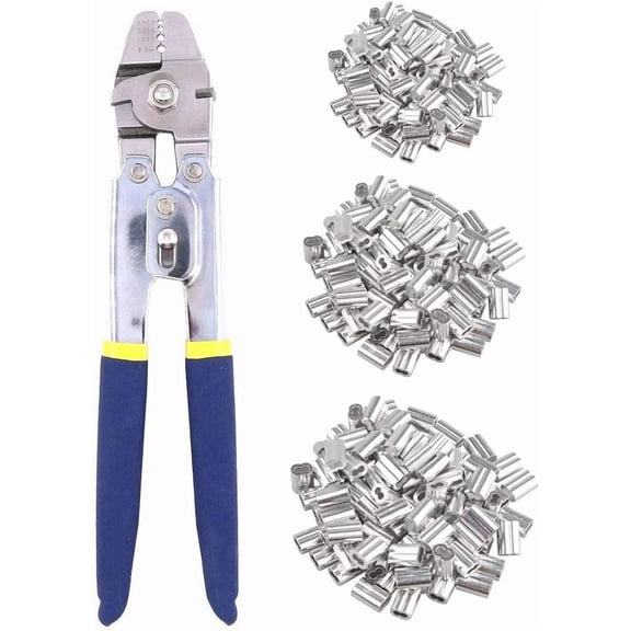 Wire Rope Crimping Tool, Wire Rope Swaging Tool with Function, Crimper Up to 2.2mm (3/32 inch) with 200 count 3 Size Double Barrel Ferrule Crimping Loop Sleeves