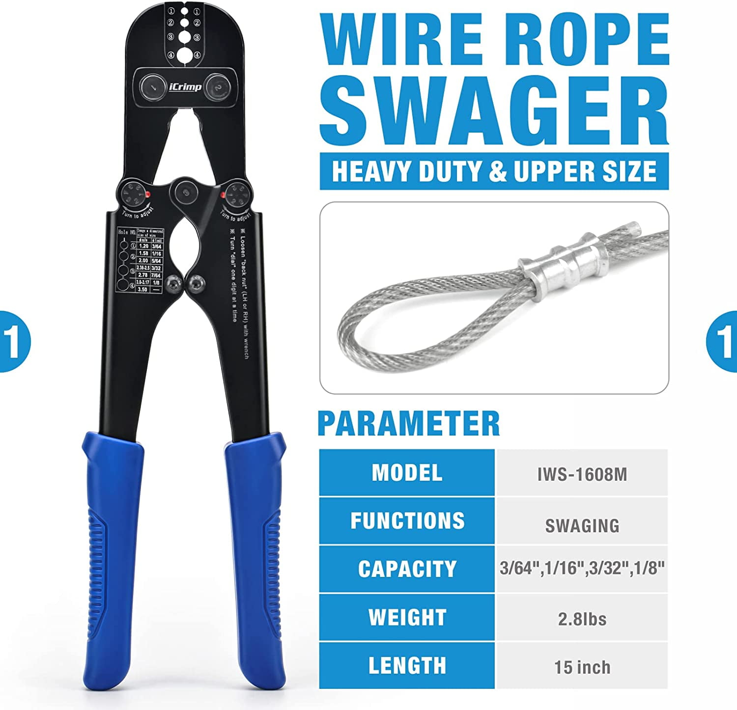 Wire Rope Crimping Tool for Aluminum Sleeve, 3/64 in to 1/8 in, Swaging ...