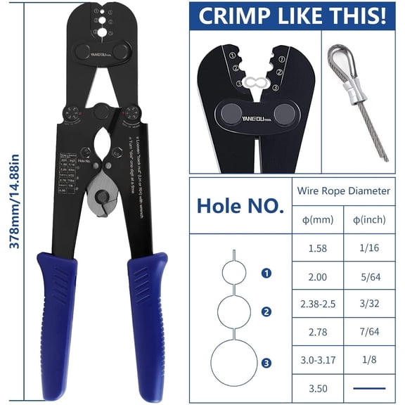 Wire Rope Crimping and Cutting Kit: 1/16inch to 1/8inch Steel Cable Swaging Tool with 100pcs Aluminum Sleeves and 50pcs  Thimbles