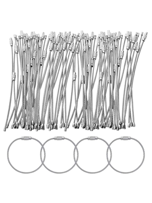 Wire Rope Key Ring,60Pcs Large Key Rings,Stainless Steel Key Rings,Keys Ring Tags,Keychains Cable Rope Key Ring with Screw Locking Silver,Cable Key Chain
