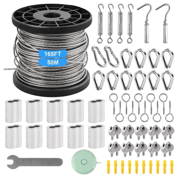 Wire Rope Kit,Steel Wire,165 FT (50M)Turnbuckles,Vinyl Coated Stainless Steel for Outdoor,Garden,Kitchen,Craft with Turnbuckle