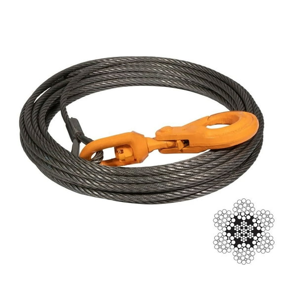 Wire Rope Steel Core Winch Cable 3/8" x 100' Self-Locking Swivel Hook Towing Wrecker Roll Back, 14,400 lbs Breaking Strength