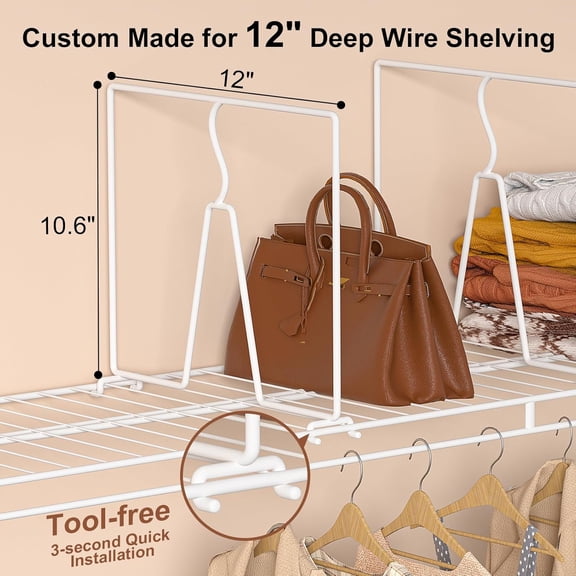 Wire Shelf Dividers for Closet: Tall 12 Pack 12-Inch Deep Adjustable Organizer for Shelves,Metal Rack Separator for Clothes, Purses & Bags,No Tool