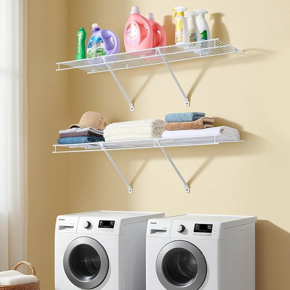 Wire Shelf Kit, 4 ft, Set of 2, Wall Mounted Wire Shelves, Heavy-Duty Carbon Steel Hanging Shelf, Floating Wall Storage Shelves with Dip Coating, for Closet, Bedroom, Living Room, Office, Pantry