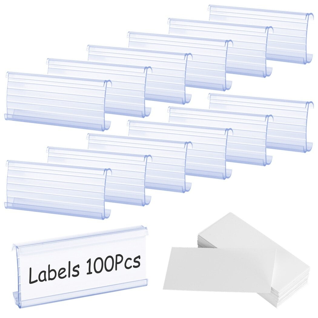 Wire Shelf Label Holders, 100 Pcs Plastic Wire Rack Label Clips with 100 Paper Label Inserts