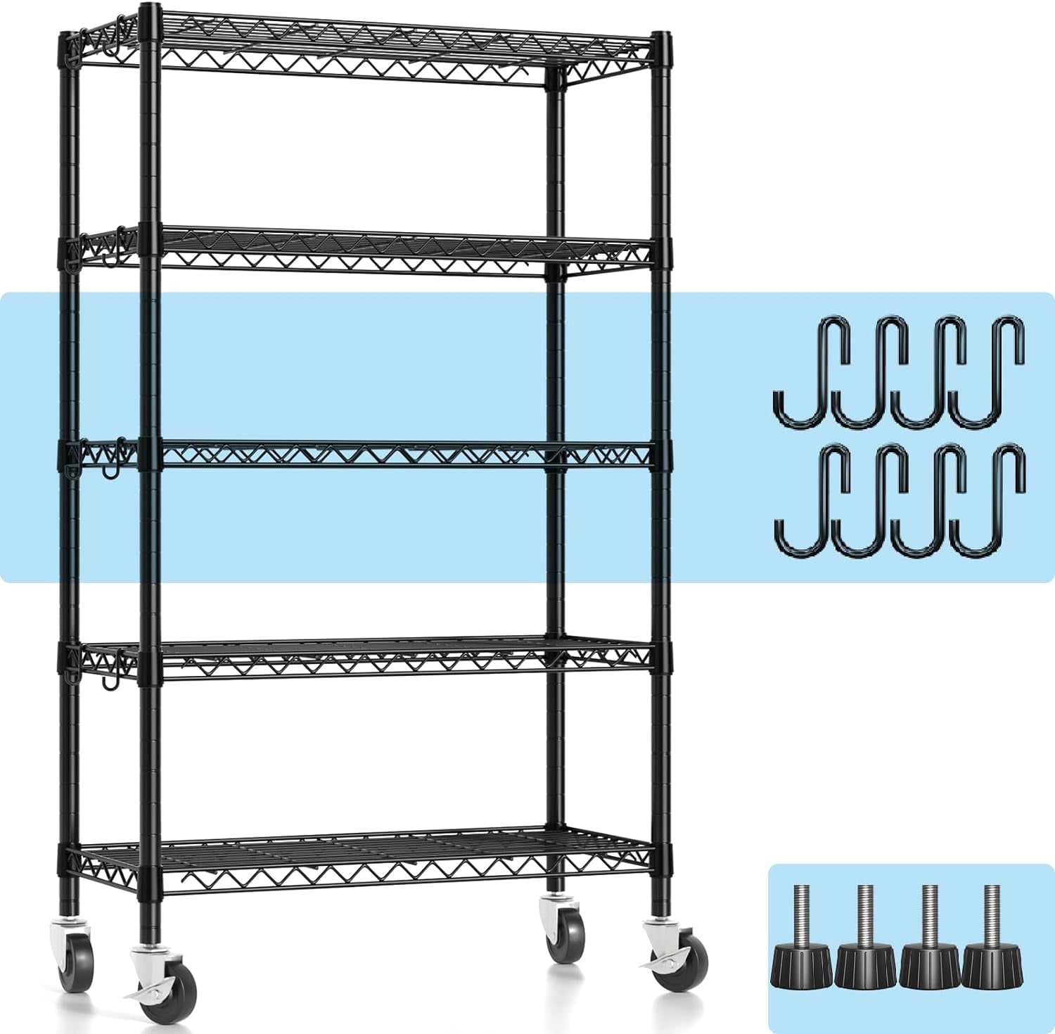 Wire Shelving, 1900lbs Capacity 5 Tier Heavy Wire Shelf with Rolling ...