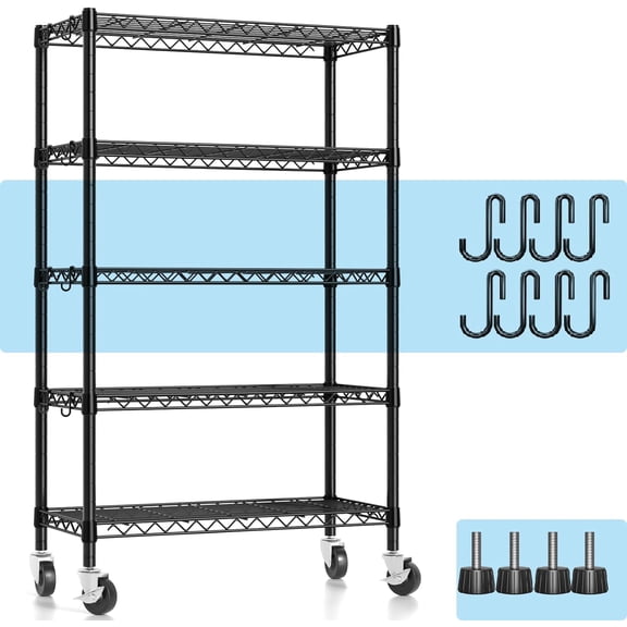 Wire Shelving, 1900lbs Capacity 5 Tier Heavy  Wire Shelf with Rolling Wheels Black Metal Storage Shelves Adjustable Wire Rack Unit 36"W x 14"D x 72"H for Kitchen Bathroom Garage Closet