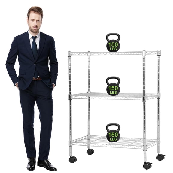Wire Shelving 32" H x 23W x 13D Storage Shelf with Wheels Adjustable 3 Tier Metal Shelves Unit for Small Places Kitchen Storage Rack Shelf Organizer, 450Lbs Capacity, Silver
