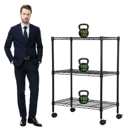 Wire Shelving 32" H x 23W x 13D Storage Shelf with Wheels Adjustable 3 Tier Metal Shelves Unit for Small Places Kitchen Storage Rack Shelf Organizer, 450Lbs Capacity, Black