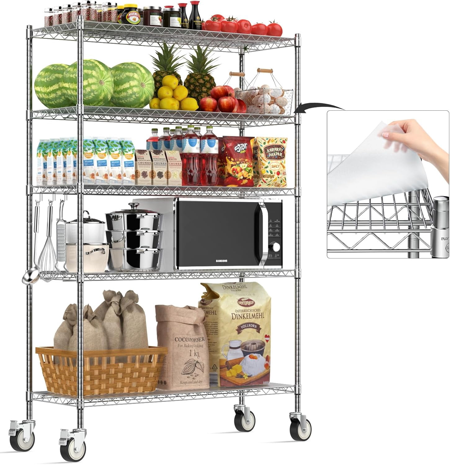 Wire Shelving with Wheels, 48x18x72 Inch, 3000 Lbs Storage Shelves