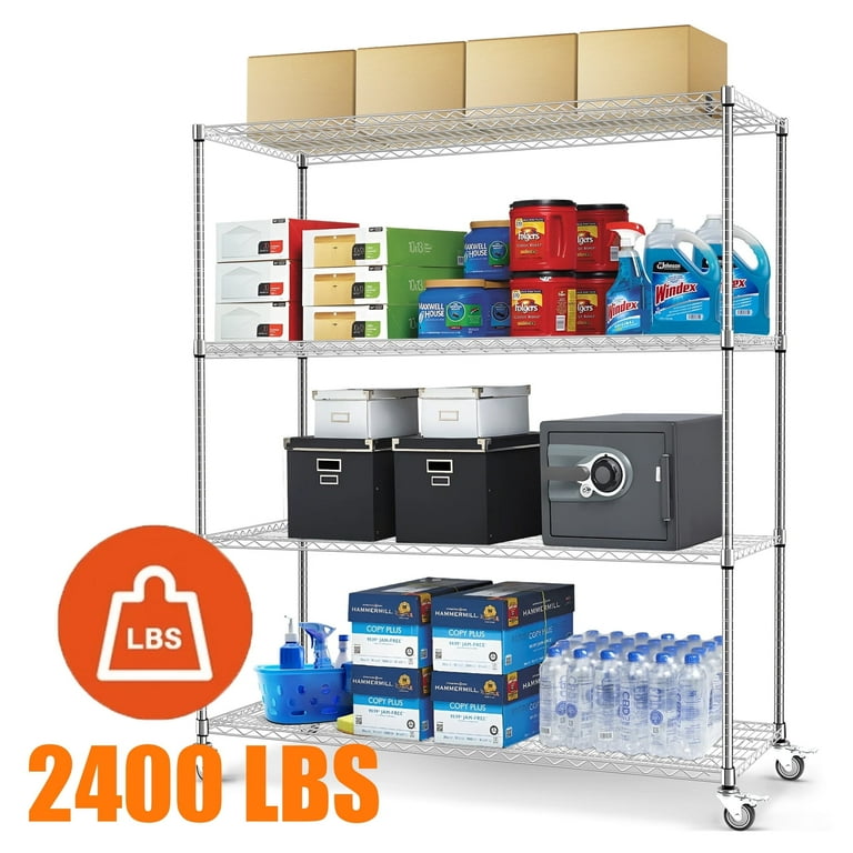 4 Tier 60 x 24 x72 Heavy Duty Wire Shelving with Wheels Silver Metal Shelves Chrome 2400Lbs Capacity Garage Shelving