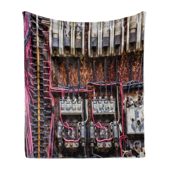 Wire Soft Flannel Fleece Blanket, Old Rusted Electrical Panel with Fuses and Contacts in Abandoned Energy Factory Print, Cozy Plush for Indoor and Outdoor Use, 50" x 60", Multicolor, by Ambesonne