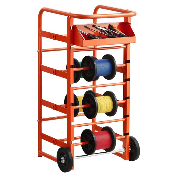 Wire Spool Rack with 11 Rods & Wheels, Cable Dispenser with Storage Tray, Multi-Spool Organizer for Electrical & Industrial