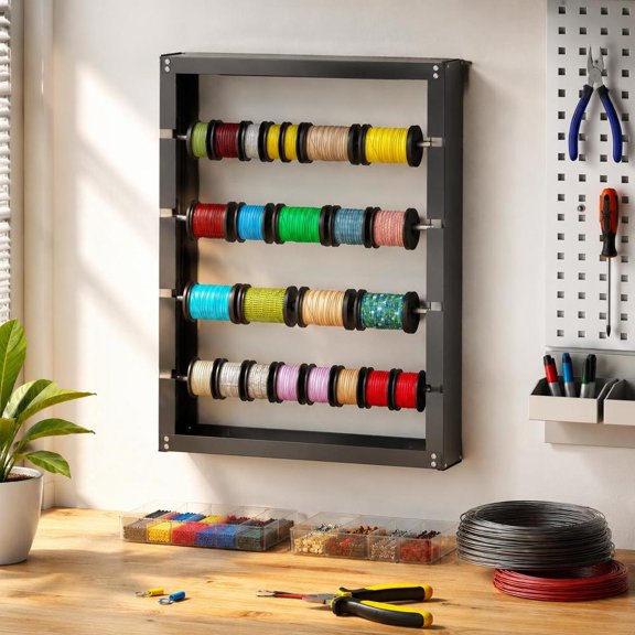 Wire Spool Rack with 4 Removable Rods, Wall Mount, Metal Storage for Wire, Cable, Yarn, Gray