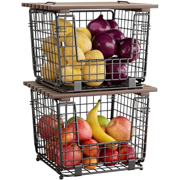 Wire Storage Basket For Kitchen Pantry and Counter - Stackable Wire Organizing Bin For Produce, Vegetable - Countertop Potato, Onion, Veggie Basket Brown