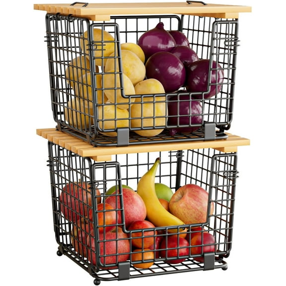 Wire Storage Basket for Kitchen Pantry: Stackable Kitchen Counter Organizers - Wire Organizing Bin for Produce Vegetable Potato and Onion Black