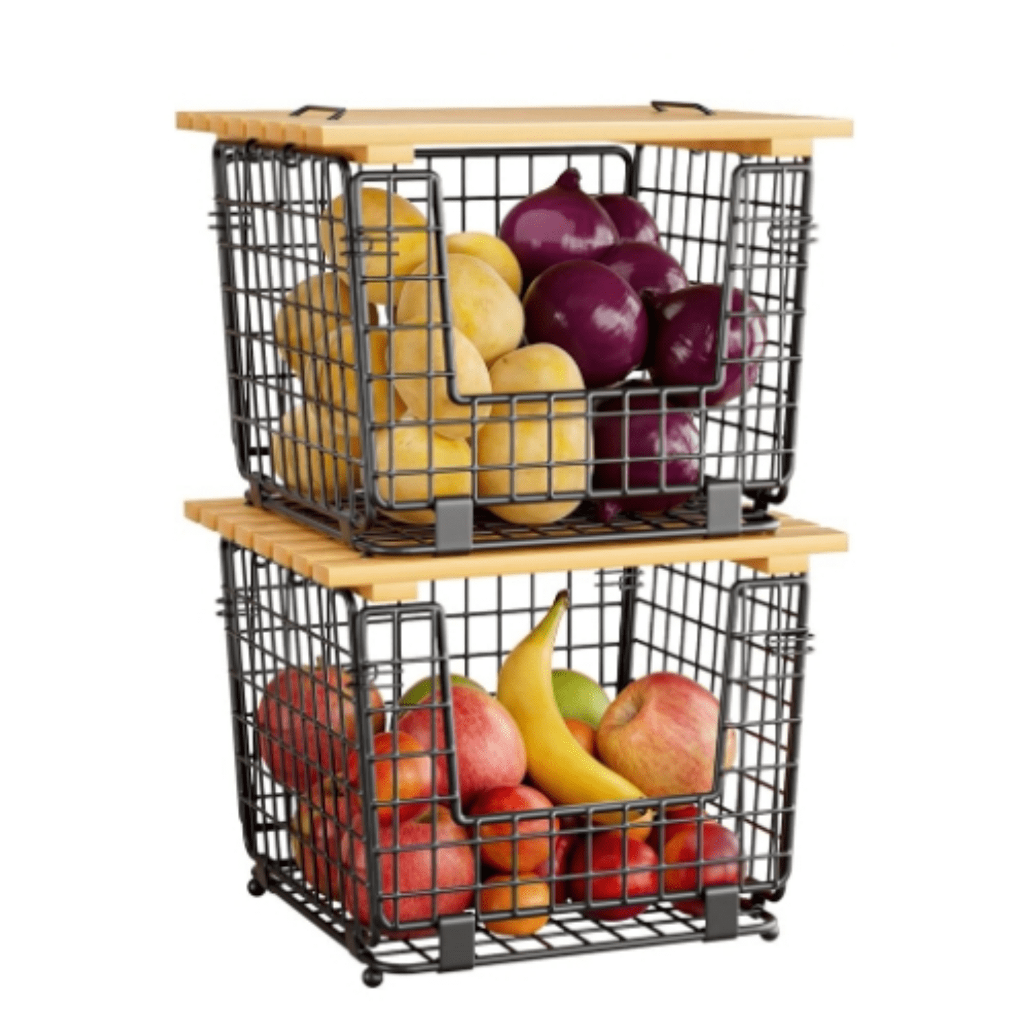 Wire Storage Basket For Kitchen Pantry Kitchen Counter Basket Stackable Wire Organizing Bin For Produce Vegetable - Countertop Potato Onion Veggie Basket Black