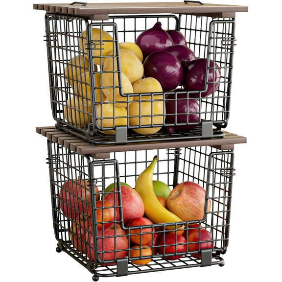 Wire Storage Basket For Kitchen Pantry and Counter - Stackable Wire Organizing Bin For Produce, Vegetable - Countertop Potato, Onion, Veggie Basket Brown