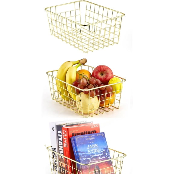 Wire Storage Basket Organizer Bin Baskets for Kithen Cabinets Freezer Bedroom Bathroom (3, Gold)