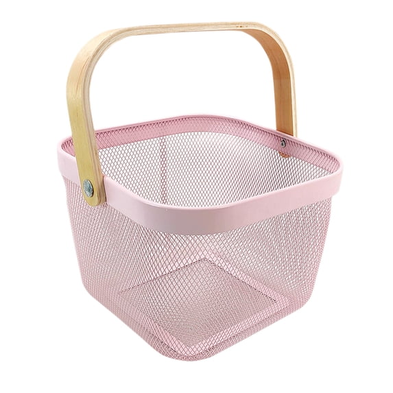 Wire Storage Basket with Wooden Handle, Ventilated Metal Mesh Fruit and Vegetable Basket, Portable Iron Organizer for Kitchen Countertop, Pantry, and Dining Table