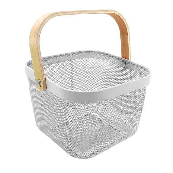 Wire Storage Basket with Wooden Handle, Ventilated Metal Mesh Fruit and Vegetable Basket, Portable Iron Organizer for Kitchen Countertop, Pantry, and Dining Table