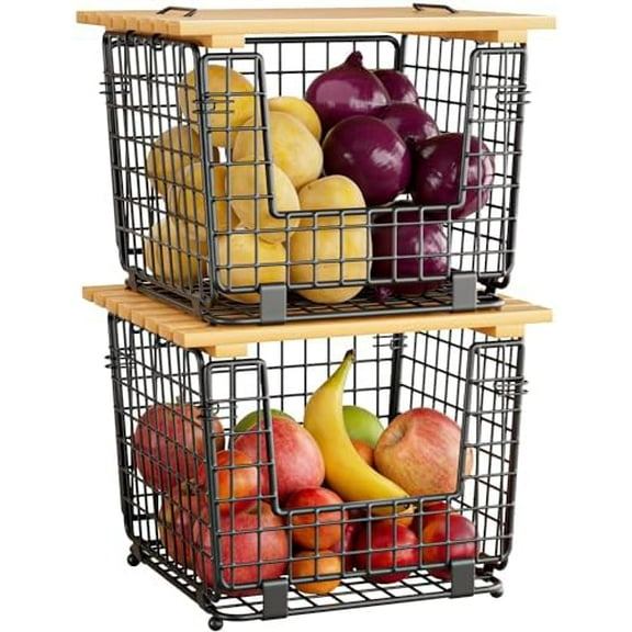 Wire Storage Basket for Kitchen Pantry:  Stackable Kitchen Counter Organizers - Wire Organizing Bin for Produce Vegetable Potato and Onion Black