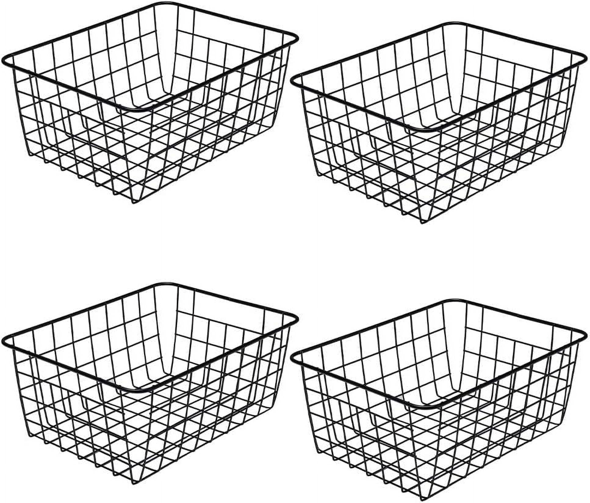 Wire Storage Baskets with Handles-Pack of 4 -Pantry Shelf Organization,Bathroom Metal Basket-Metal Kitchen Organizers and Storage Baskets for Pantry, Freezer, Cabinet -Black，11 x 8.58 x 4.72 Inches