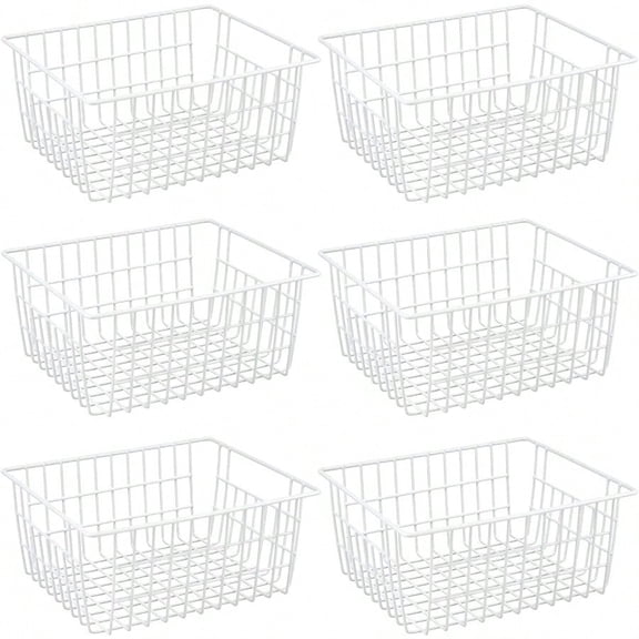 Wire Storage Baskets Large Farmhouse Metal Freezer Basket Storage Organizer Bins with Handles for Kitchen Cabinets Pantry Closets Bedrooms Bathrooms Set of 6 White