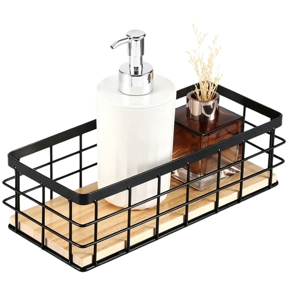 Wire Storage Baskets with Wooden Bottom Rustic Farmhouse Small Metal Wire Basket Bin, Black Basket for Kitchen, Bathroom & Laundry Room Organizer, 9.8" x 3.9" x 2.8"