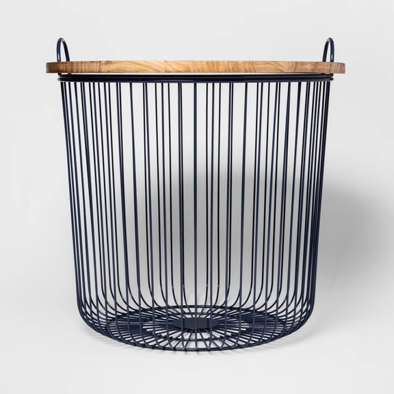 Wire Storage Floor Bin Navy -  Round Iron & Wood Decorative Basket with Handles, Lidded, 19.25"x19.375"