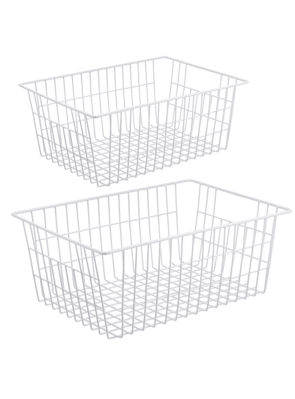 Wire Storage Freezer Baskets, Large 15.2" Farmhouse Organizer Storage Bins Fridge Basket Rack with Handles for Kitchen Cabinets, Pantry, Office, Bathroom Organization, 2 Pack, 1 Shelf- White