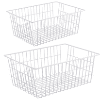 Wire Storage Freezer Baskets, Large 15.2" Farmhouse Organizer Storage Bins Fridge Basket Rack with Handles for Kitchen Cabinets, Pantry, Office, Bathroom Organization, 2 Pack, 1 Shelf- White