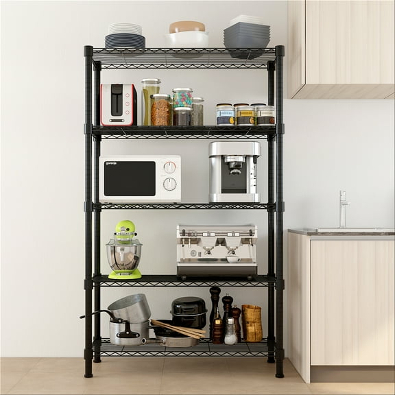 Wire Storage Shelves, 35.43'' x 13.78'' x 55.12'' Open Design 5 Tier Wire Shelving Unit and Storage Racks, Durable Heavy Duty Multipurpose Storage Shelf Racks and Organizer for Kitchen, Black, SS144