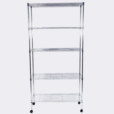 Wire Storage Shelves with Wheels, 5 Tier Chrome Epoxy Steel Wire Shelving Unit and Storage Racks, Plated Iron Shelves for Garage Plated Iron Storage Shelving, 35.43'' x 13.78'' x 65'', Chrome, S7915