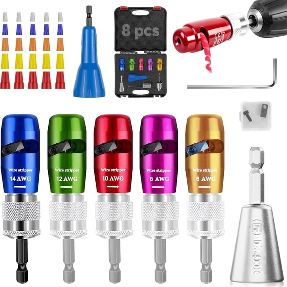 Wire Stripper Tool, US Regulations Wire Stripper for Drill & Wire Twisting Connector Set, Electrician Tools Set, 8 in 1 Quickly Wire Strippers Professional Wire Twister Tool for Drill
