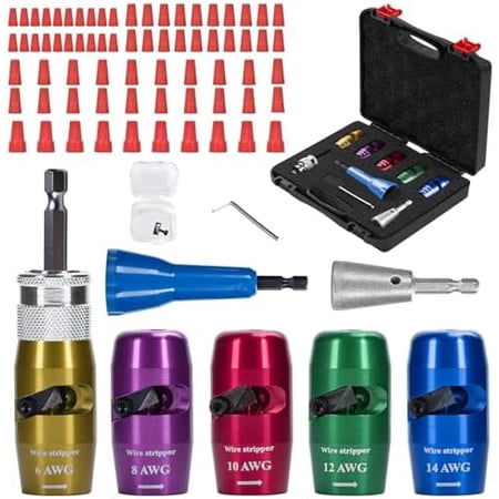 Wire Stripper Twister for Drill, 2025 Upgraded Wire Stripping Tool & Wire Twisting Connector for Cutters 6-14 AWG, 8 In 1 Professional Electrician Twister Stripping Tool with 70PCS Nuts