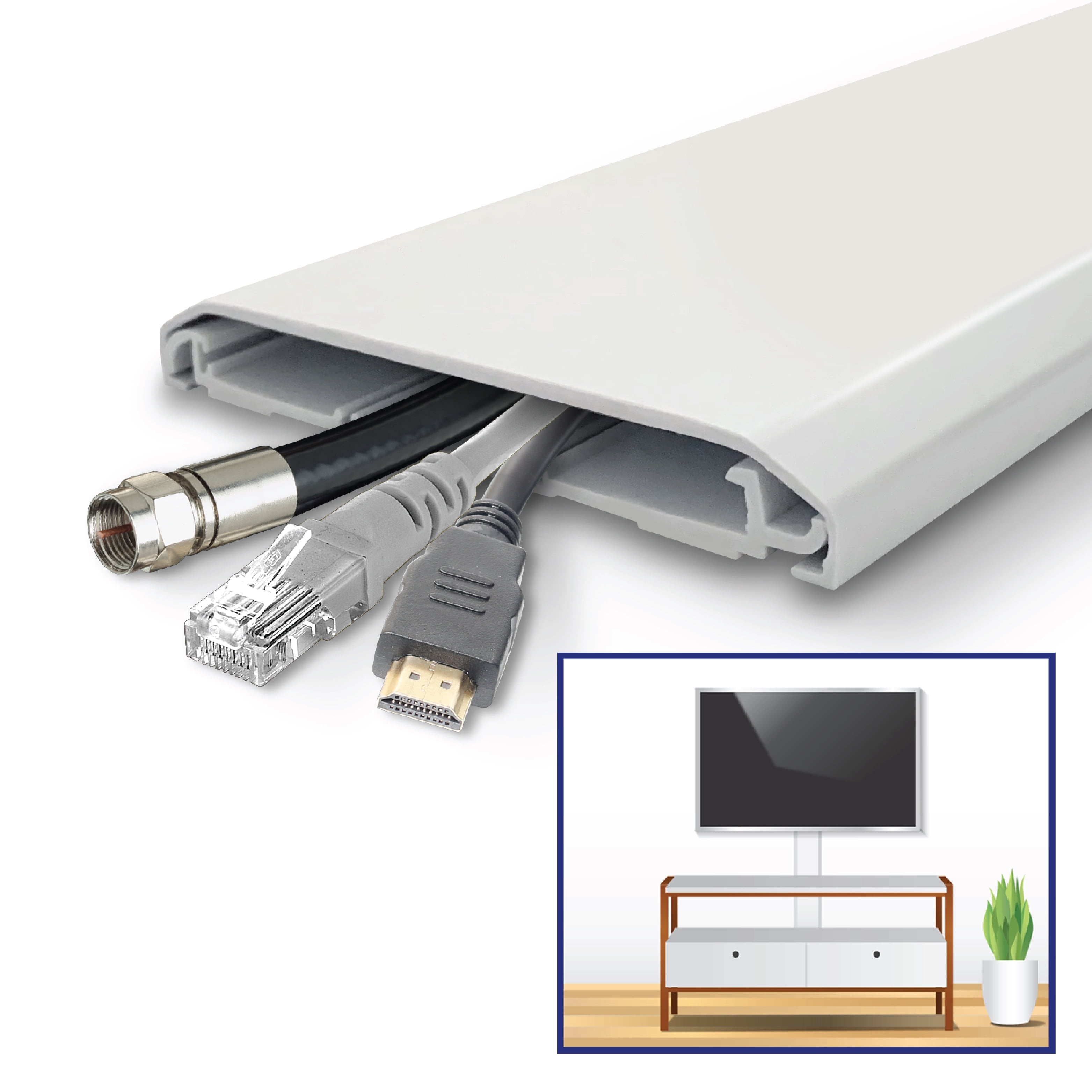On-Wall Cable Concealer Kit Hides TV Cords, 4X 11 inch White Cable Raceways  Can Be Fit Together to Any Length for Home Theater, TV and Office