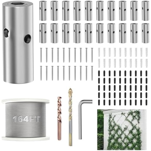 Wire Trellis for Climbing Plants Outdoor, 20 Set Wall Trellis Kit with 1/8" x 164ft Stainless Steel Cable, T316 Cylindrical Espalier System Cable Trellis Kit for Green Wall Fence DIY Projects