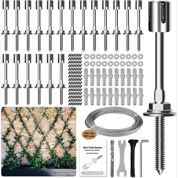 Wire Trellis for Climbing Plants Outdoor, 20-Set Wall Wire Trellis Kit with 5/64"(2mm) x 98ft Stainless Steel Cable, T316 Espalier System for Fence and Garden DIY Projects
