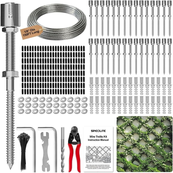 Wire Trellis for Climbing Plants Outdoor, 30-Set T316 Stainless Steel Wall Trellis Kit, 1/8in x 150ft Ropes with Cable Cutter, Espalier System for Fence Wall and Garden DIY