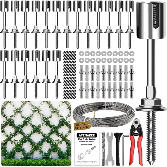 Wire Trellis Kit for Climbing Plants Outdoor 20 Sets with 1/8 Inch x 98 Foot Stainless Steel Cable and Cutter