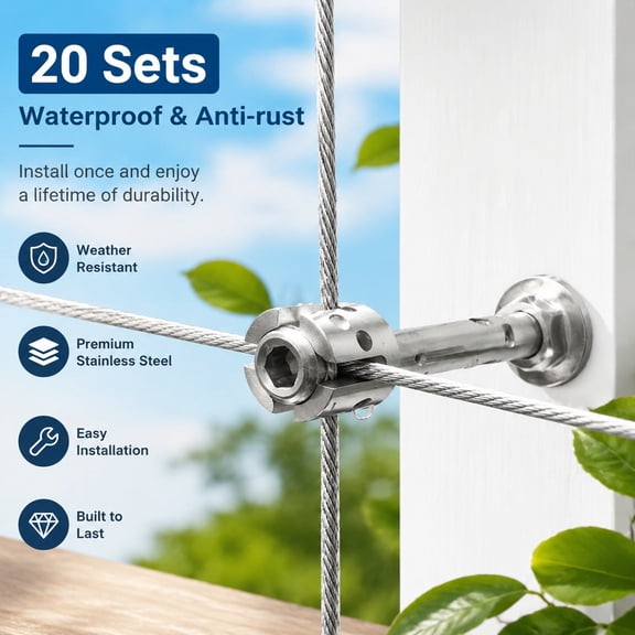 Wire Trellis for Climbing Plants Outdoor, 20-Set Wall Trellis Kit with 2mm x 98ft Stainless Steel Cable, Durable Espalier Garden Fence Support System