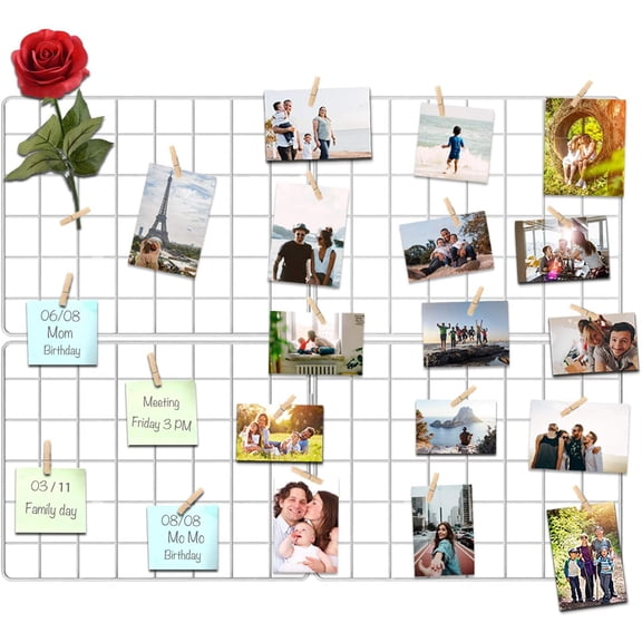 Wire Wall Grid Panel for Photo Display, DIY White Iron Picture Frames Collage for Hanging Wall Decor, Foldable Multi Pictures Organizer with 12 Clips, 31'' X 24'' Inch. (2 Pack)
