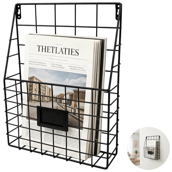 Metal Wire Wall Mounted Magazine Holder, 10.2 x 2.9 x 14.2 in Iron File Organizer with Tag Slot, Decorative Hanging Storage Rack for Newspapers Documents Home and Office Use, Black