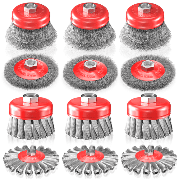 12 Pack Wire Wheel Brush Set for 4-1/2" Angle Grinder, 3" & 4" Knotted Crimped Cup Wheel Brushes, 5/8"-11 UNC Arbor, Carbon Steel for Rust Paint Corrosion Weld Spatter Removal