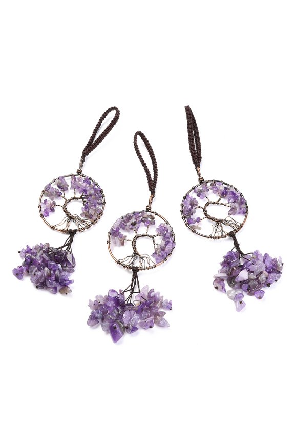 Wire Wrapped Chips Natural Amethyst Big Pendant Decorations with Red Copper Plated Brass Wires and Nylon Cord Flat Round with Tree of Life 160~180mm