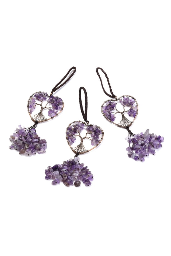 Wire Wrapped Chips Natural Amethyst Big Pendant Decorations with Red Copper Plated Brass Wires and Nylon Cord Heart with Tree of Life 160mm